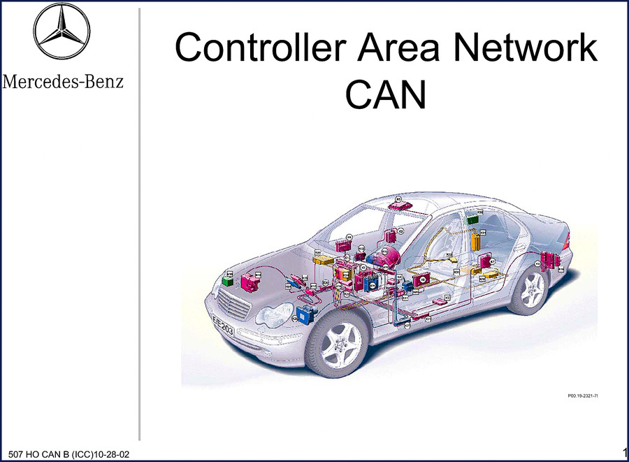 Mercedes-Benz E203 2002 Technical Manual cover showing CAN network training material
