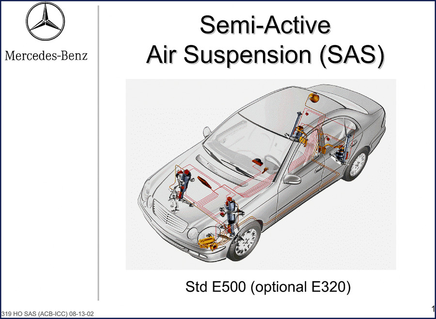 2002 Mercedes-Benz E500 E320 SAS Technical Manual cover showing air suspension strut diagram