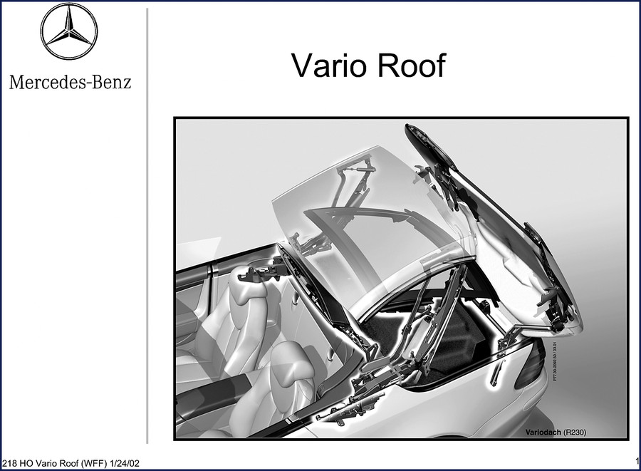 Cover of the 2002 Mercedes-Benz Vario Technical Manual showing roof system diagrams