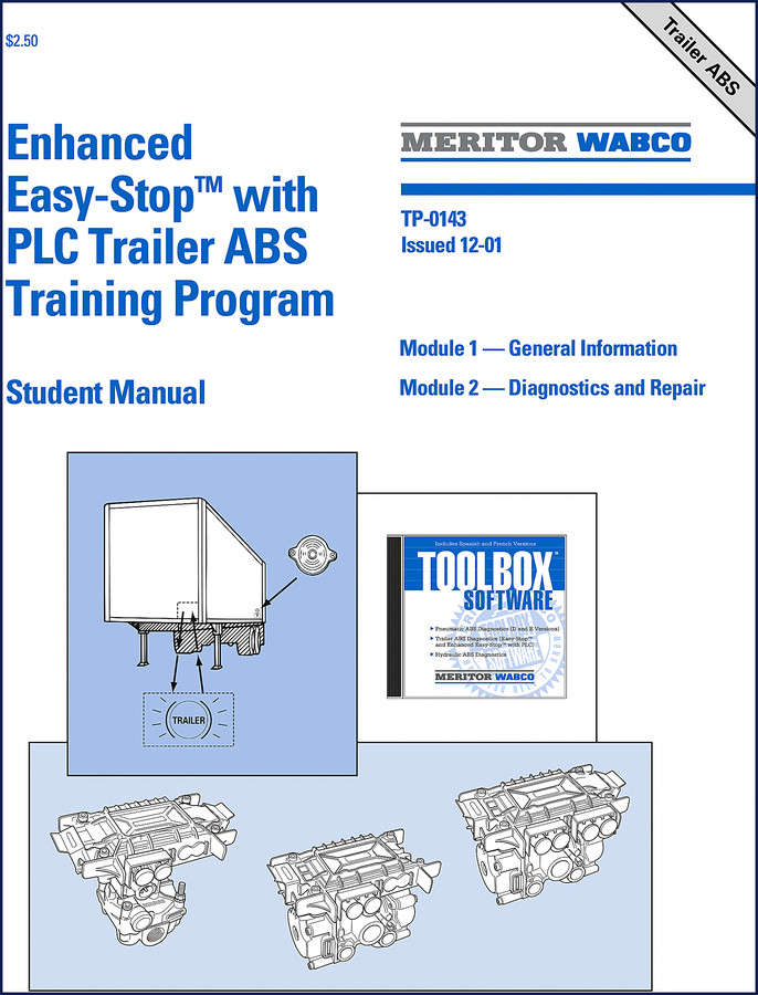 Meritor Wabco Enhanced Easy-Stop Trailer ABS training manual cover showing 2S/IM Basic to 4S/3M Premium ECU part numbers