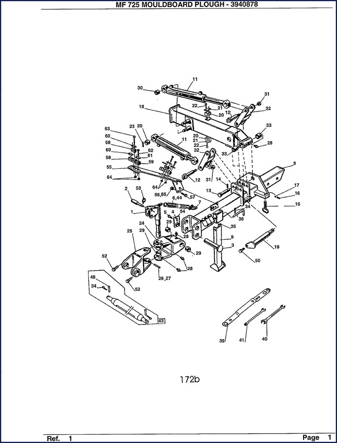 HMF 725 Parts Catalog – OEM factory parts book for Massey Ferguson 725 mouldboard plough, 60 pages, shown on workbench with part diagrams