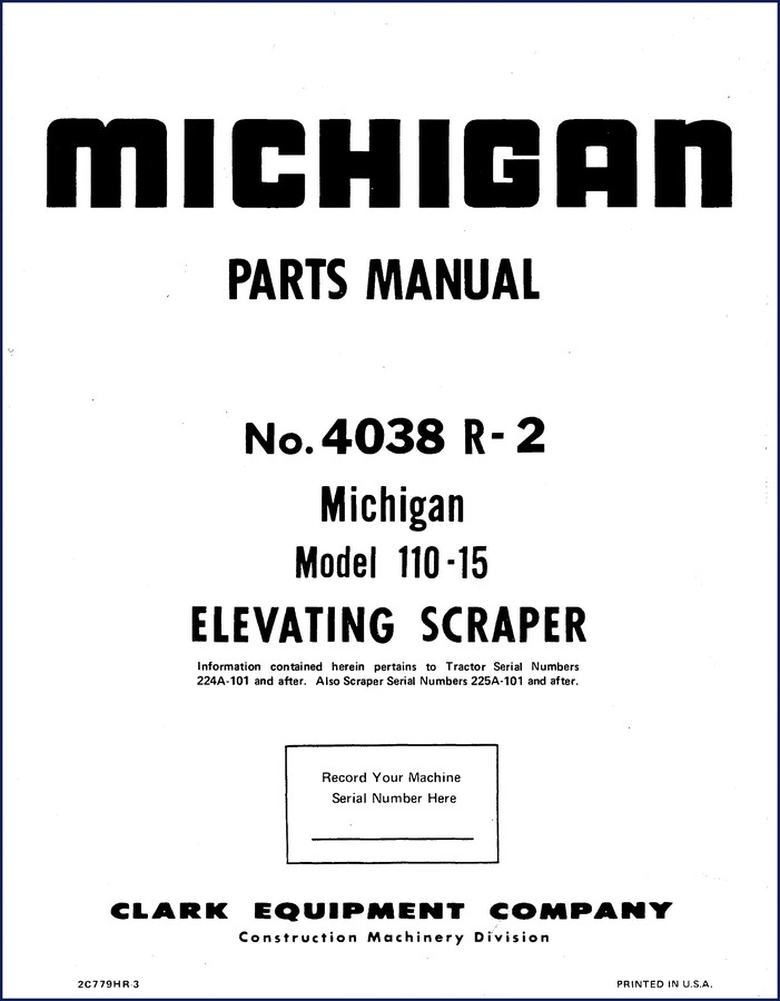 Michigan 110-15 Parts Catalog cover – factory OEM parts manual from Clark Equipment Company