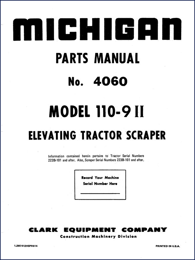 Michigan 110-9 II Parts Catalog cover – factory OEM 160-page parts manual for elevating tractor scraper