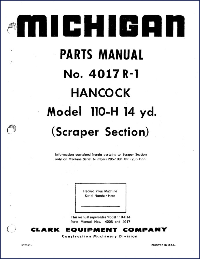 Michigan 110-H Parts Catalog 46-page factory OEM manual cover