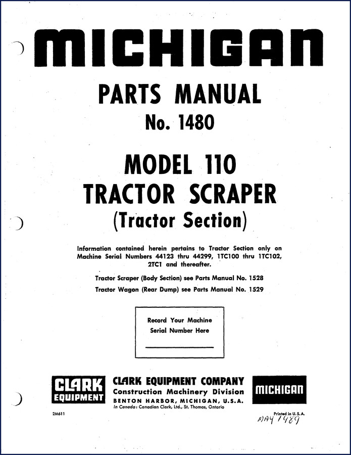 Michigan 110 and 11B Elevating Scraper Parts Catalog cover, 168-page OEM factory parts manual