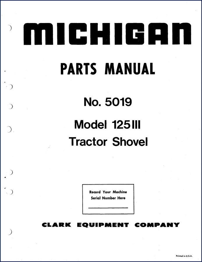 Michigan 125 II I Parts Catalog front cover from Clark Equipment, 186-page factory parts manual