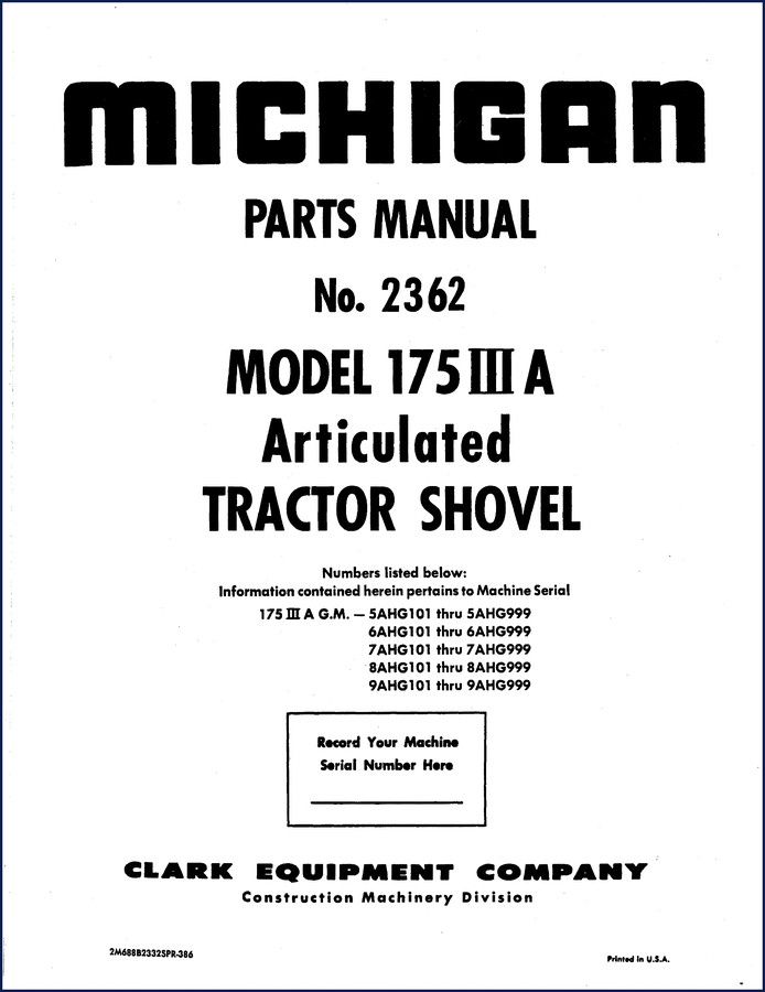 Michigan 175 III A Parts Catalog cover, 116-page factory manual, model 175 III A articulated tractor shovel