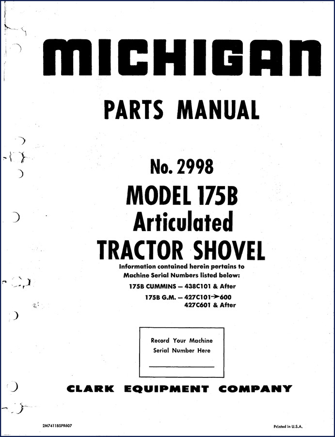 Michigan 175B 1966 Factory Parts Catalog Cover Page featuring articulated tractor shovel and Clark Equipment branding