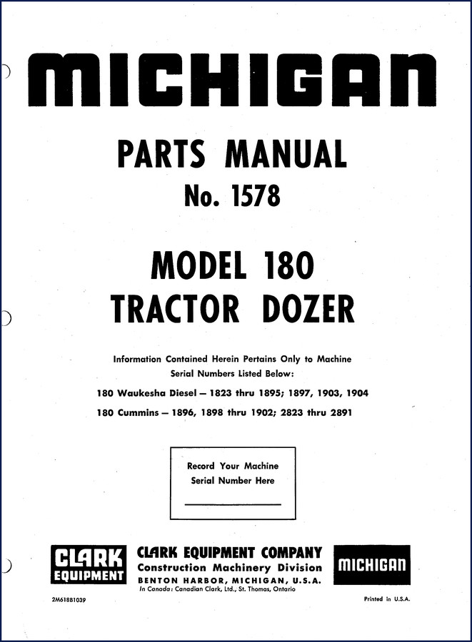 Michigan Model 180 Tractor Dozer Parts Catalog 1965 - OEM Factory Parts Manual 104 pages