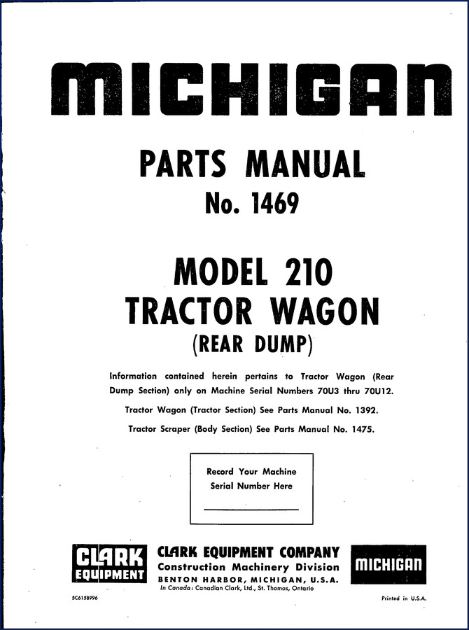 Michigan 210 Parts Catalog – 20-page factory parts manual No. 1469 for Model 210 Tractor Wagon Rear Dump, includes brake valve cylinder assemblies and exploded diagrams