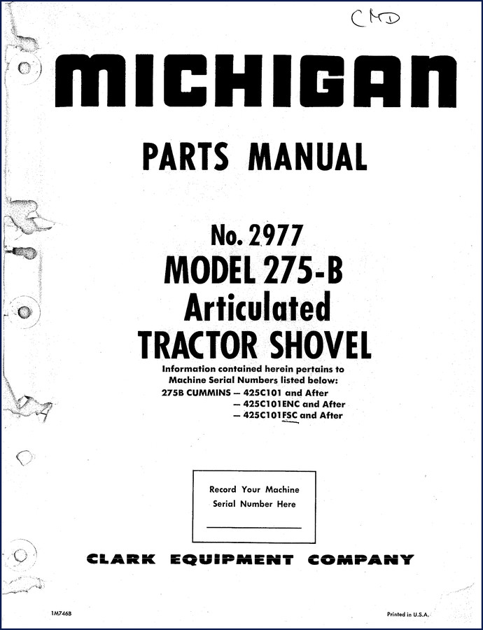 Michigan 275B 1974 parts catalog cover showing articulated tractor shovel