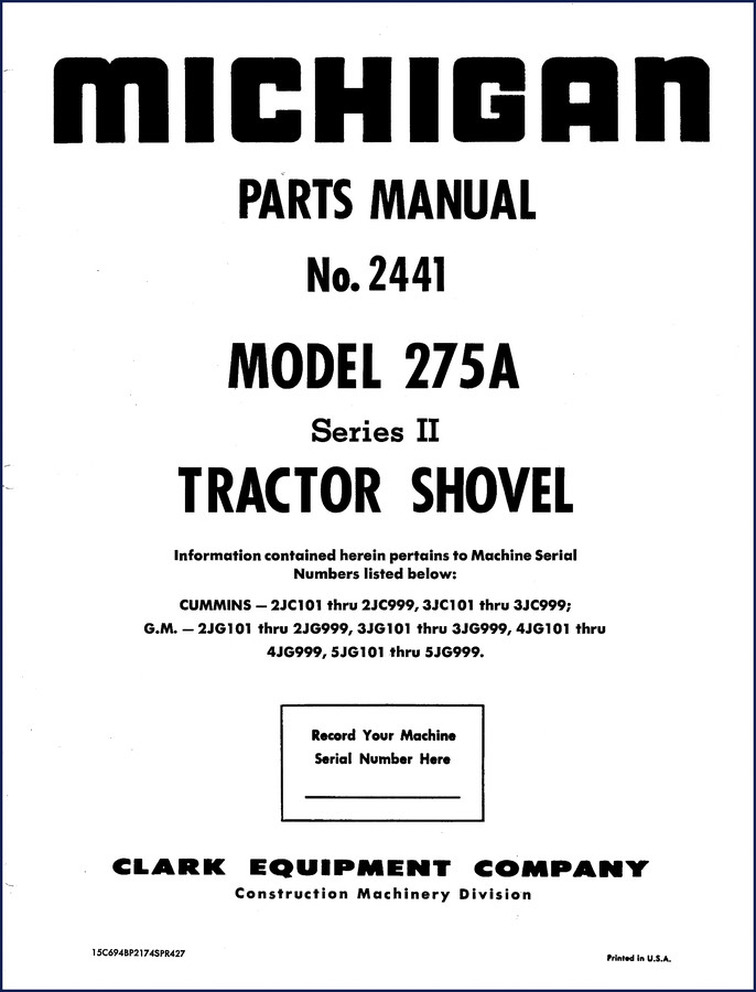 Michigan 275A Series II Tractor Shovel Parts Catalog cover page