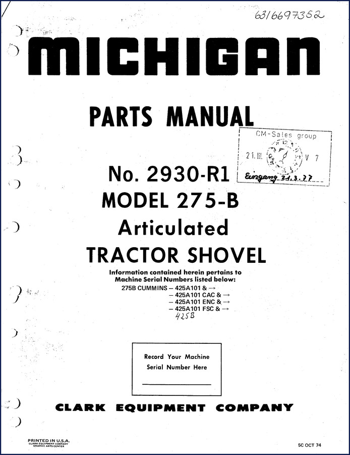 Michigan 275B 1974 Parts Catalog factory manual cover page