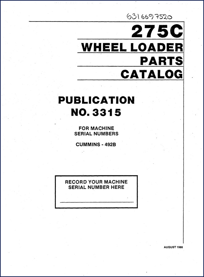 Michigan 275C 1988 Parts Catalog cover - 547-page factory parts manual