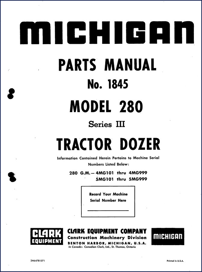 Michigan 280 1966 Parts Catalog cover page showing model 280 tractor dozer parts manual no 701