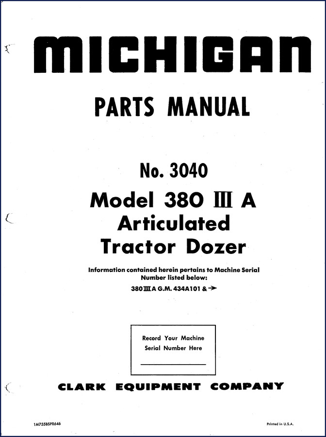 Michigan 380 III A Parts Catalog cover showing Clark Equipment Company logo and model designation