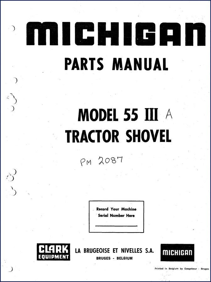 Michigan 55 III Tractor Shovel Parts Catalog cover page showing model and Clark Equipment branding