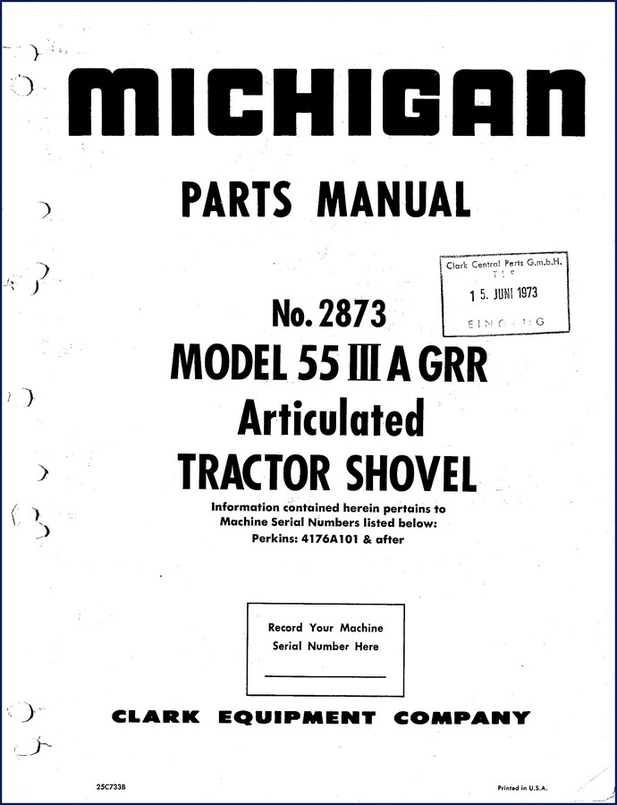 Michigan 55 IIIA GRR 1973 Parts Catalog cover showing model and serial number information