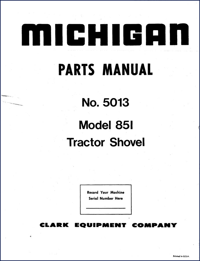 Michigan 851 Tractor Shovel Parts Catalog cover page - 72 pages