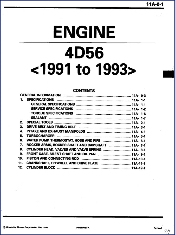 Mitsubishi 4D56 1995 Workshop Manual cover showing engine cutaway