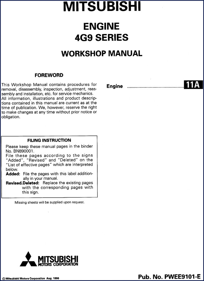 Mitsubishi 4G9 2000 Workshop Manual cover showing factory OEM service manual for 4G9 series engine
