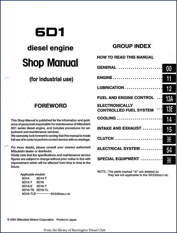 Mitsubishi 6D14-T 6D14 6D15-T 6D16 SK330 2001 Workshop Manual cover