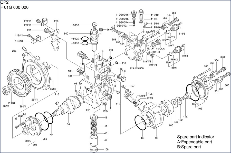 Mitsubishi F 01G 000 000 Parts Catalog cover page showing CP2 pump assembly