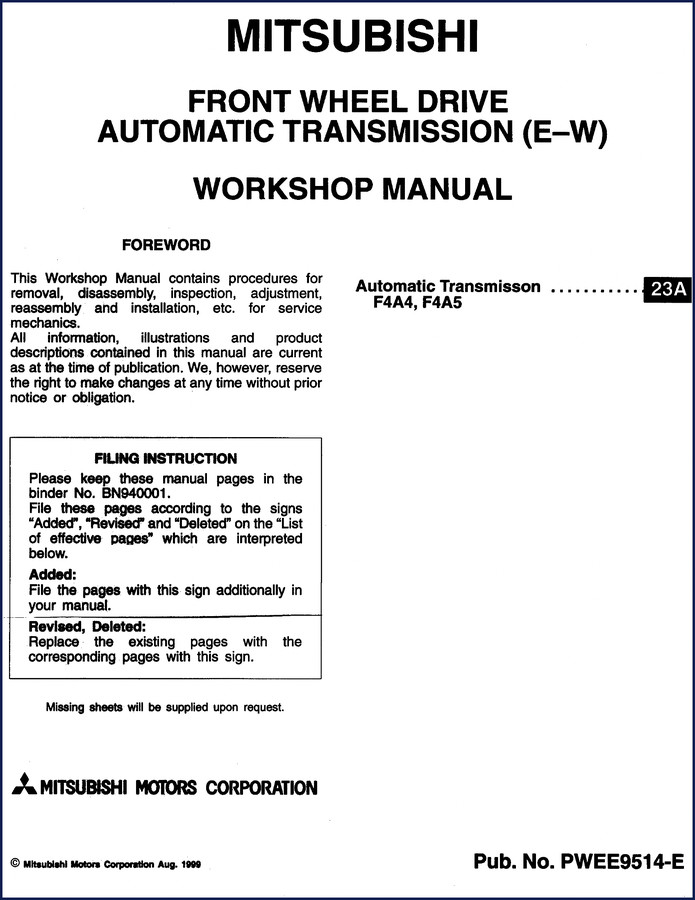 Mitsubishi F4A4 F4A5 1999 Workshop Manual cover showing transmission cutaway