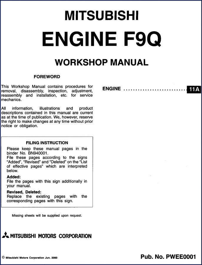 Mitsubishi F9Q 2000 workshop manual cover showing engine diagram and title