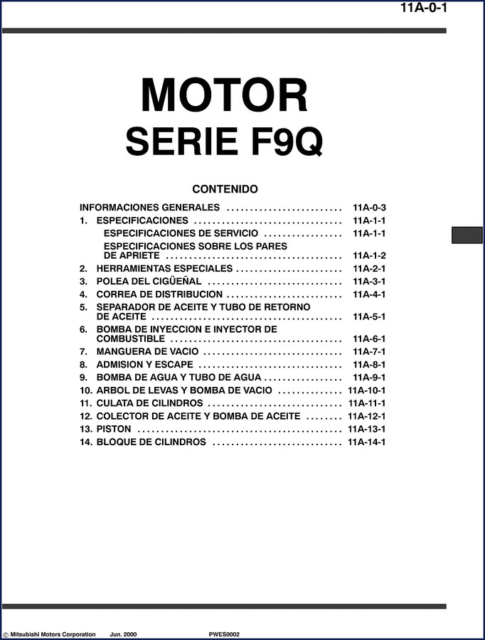 Mitsubishi F9Q1 F9Q2 2000 Workshop Manual cover page showing motor series F9Q