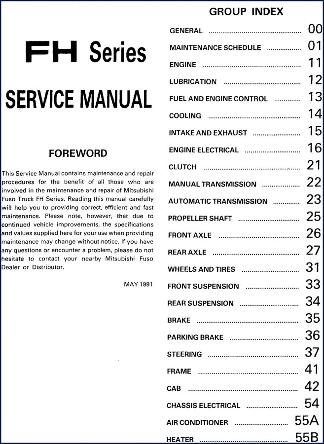 Mitsubishi Fuso FH Series 1991 Service Manual cover - 1536 pages OEM factory repair manual for truck