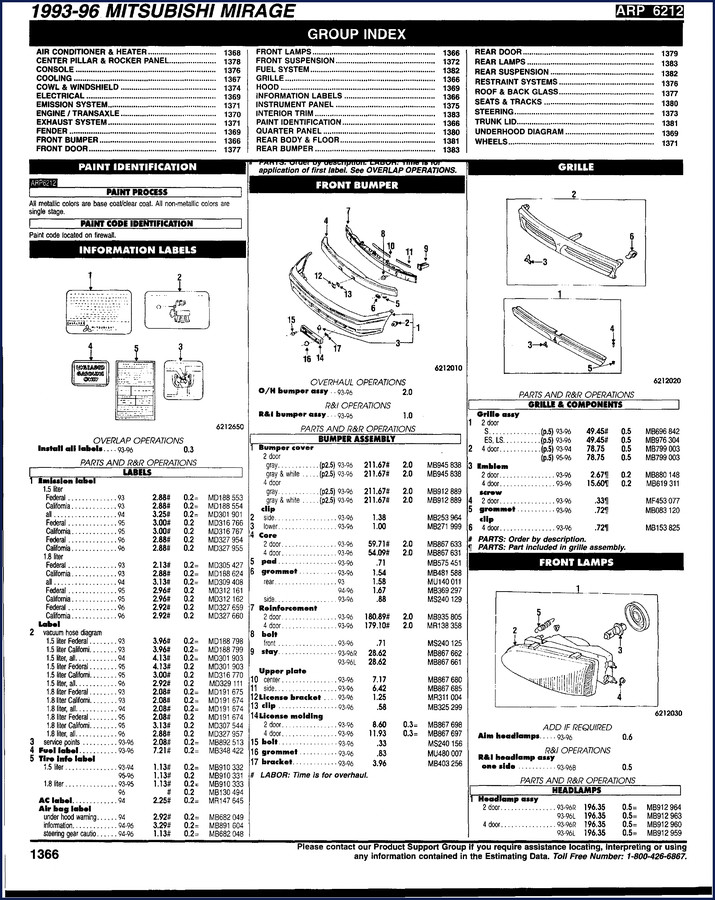 1993-1996 Mitsubishi Mirage Parts Catalog cover showing factory OEM document