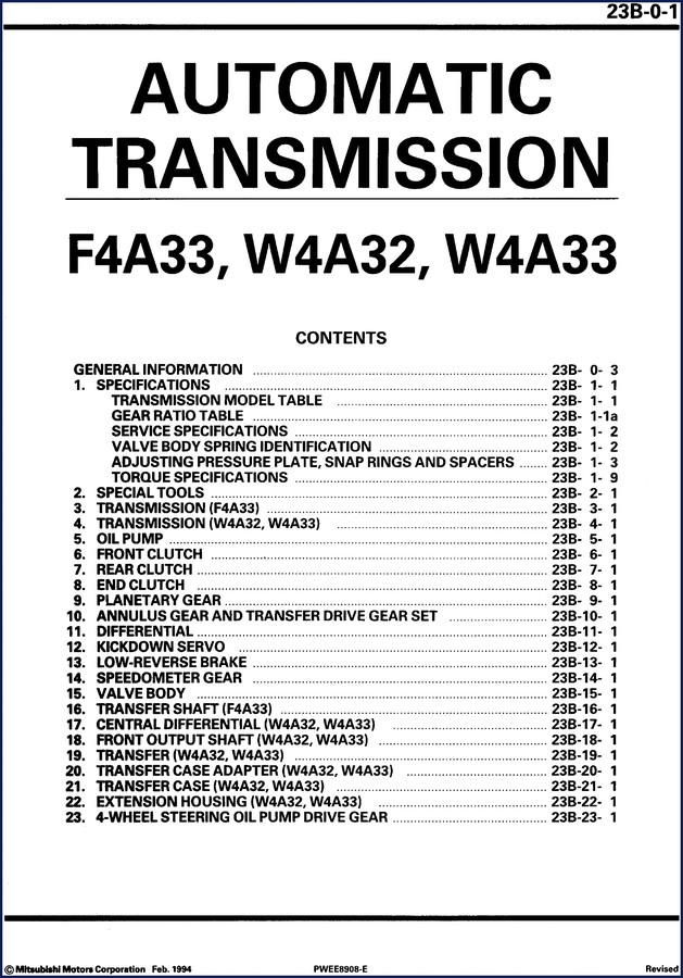 Mitsubishi Motors F4A33 automatic transmission service manual 1994 cover