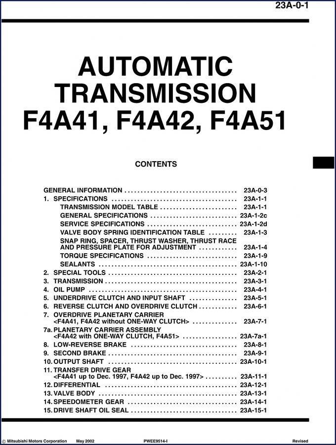 Mitsubishi Motors F4A41 F4A42 F4A51 2000 Technical Manual cover showing transmission cutaway