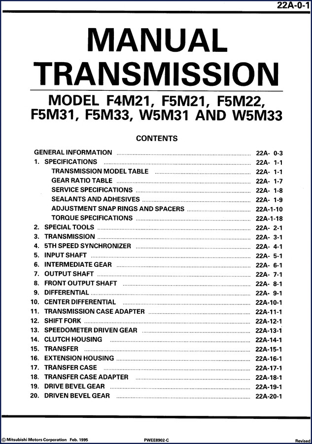 1995 Mitsubishi Motors F4M21 F5M21 F5M22 F5M31 F5M33 Service Manual cover showing transmission cutaway