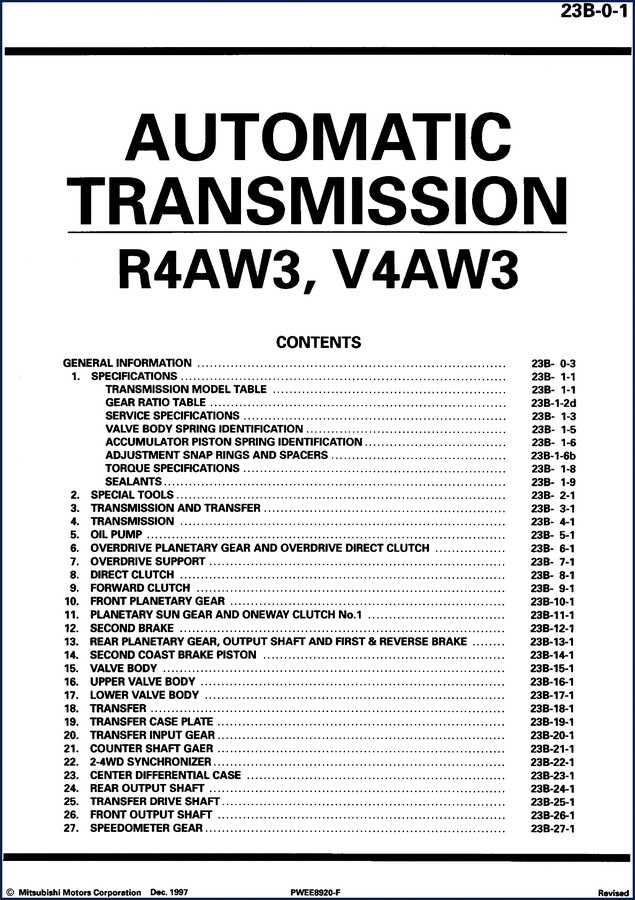 Mitsubishi Motors R4AW3 V4AW3 1997 Service Manual cover – factory OEM automatic transmission repair manual