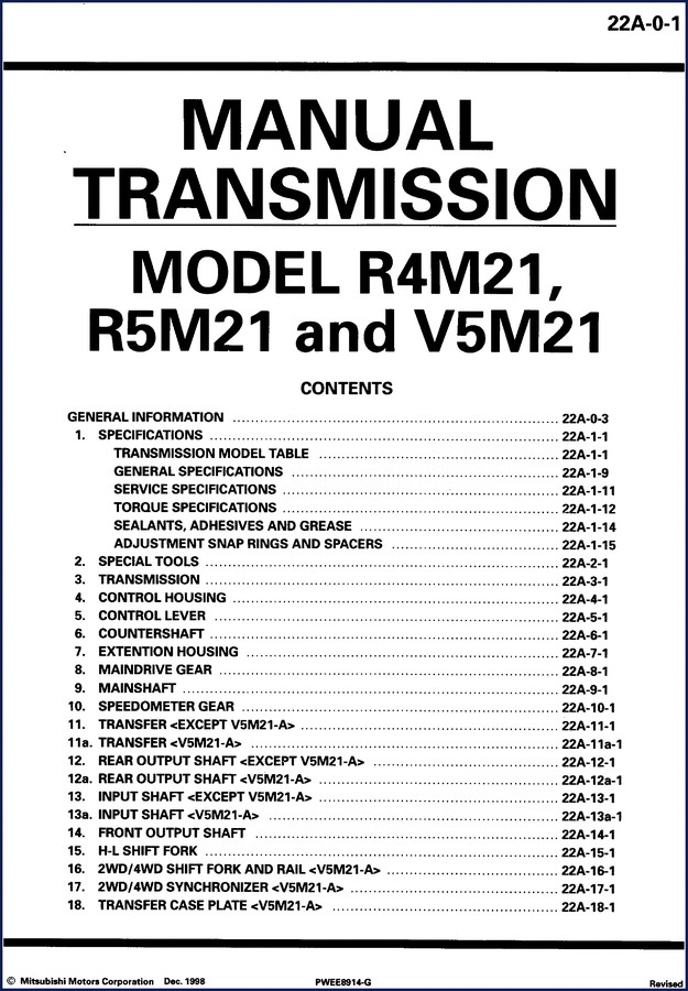 1998 Mitsubishi R4M21 R5M21 V5M21 Transmission Service Manual - 250 pages OEM factory specs