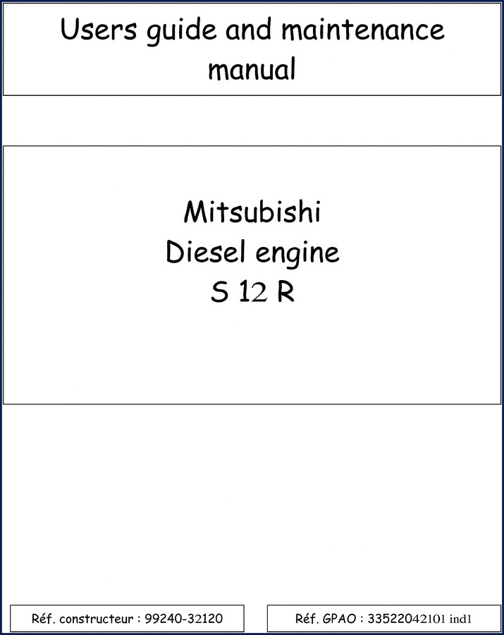 Mitsubishi S12R Operators Manual cover page showing front view of diesel engine