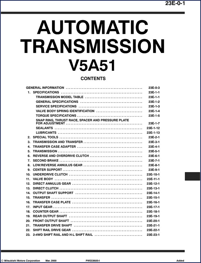Mitsubishi V5A51 2000 Service Manual cover – factory transmission manual