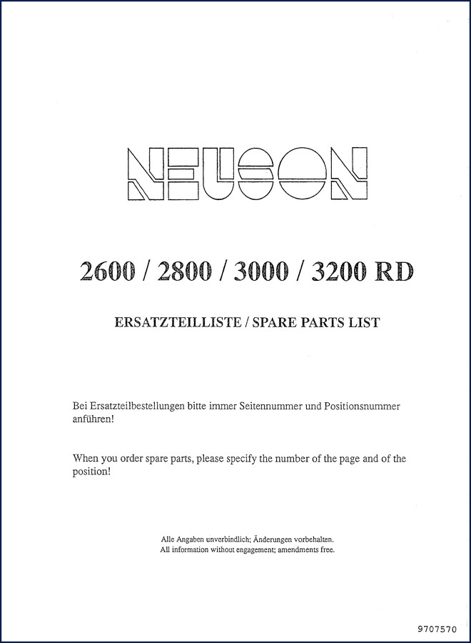Neuson 2600 2800 3000 3200 Parts Catalog cover page - OEM factory spare parts list