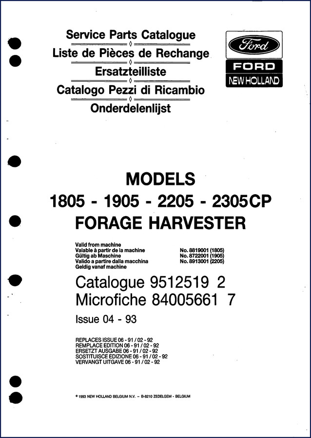 New Holland 1805-2305CP 1993 Parts Catalog cover – OEM forage harvester parts breakdown