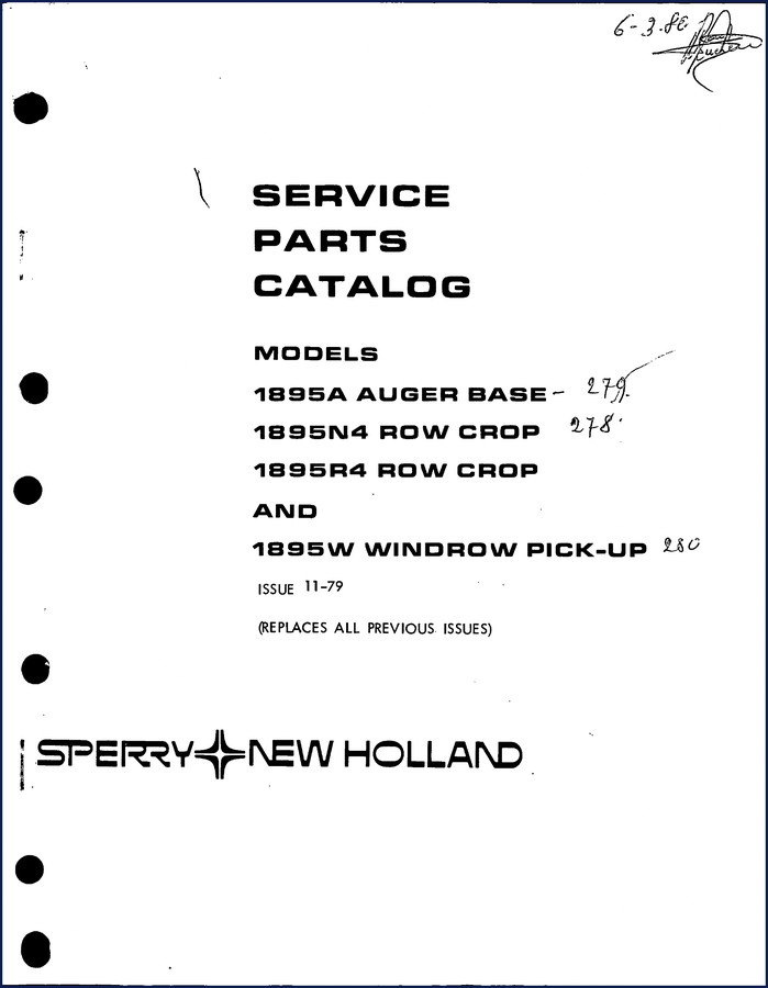 New Holland 1895A 1979 Parts Catalog cover page showing models and issue date