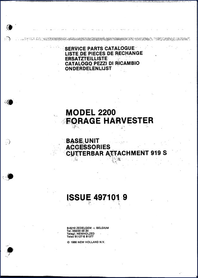 1986 New Holland 2200 Forage Harvester Parts Catalog cover image