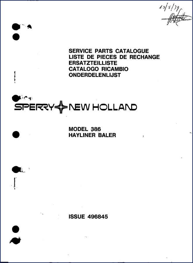 New Holland 386 1979 Parts Catalog cover showing Sperry New Holland logo and model designation