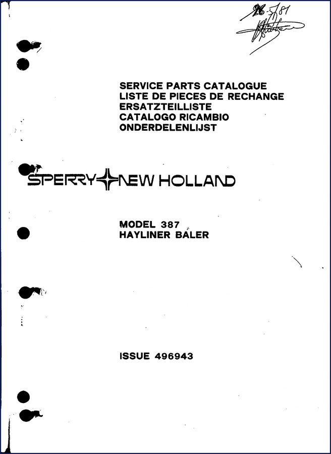New Holland 387 Hayliner Baler Parts Catalog 1981 cover page showing model and issue number