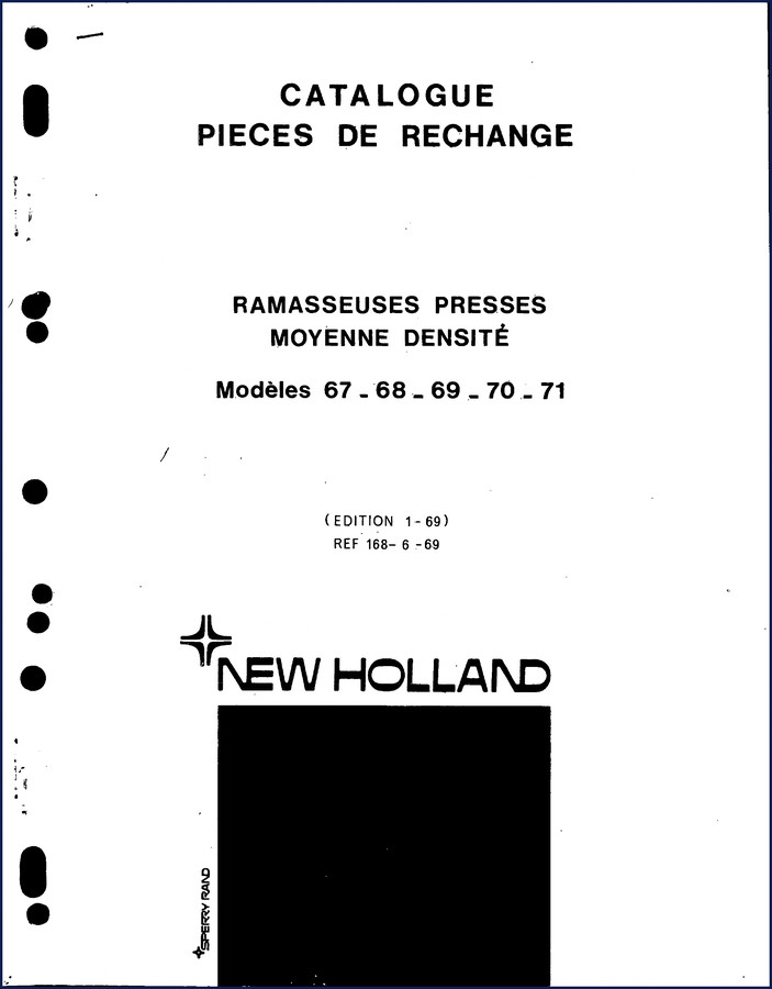 New Holland 67 baler parts catalog cover - 1969 French edition, 108 pages