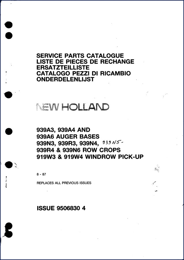 New Holland 939 series parts catalog cover - factory document with models 939A3, 939A4, 939A6, 939N3, 939R3