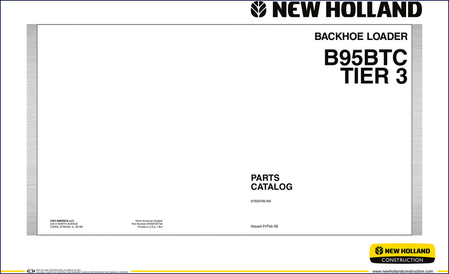New Holland B95BTC 2008 parts catalog cover showing backhoe loader