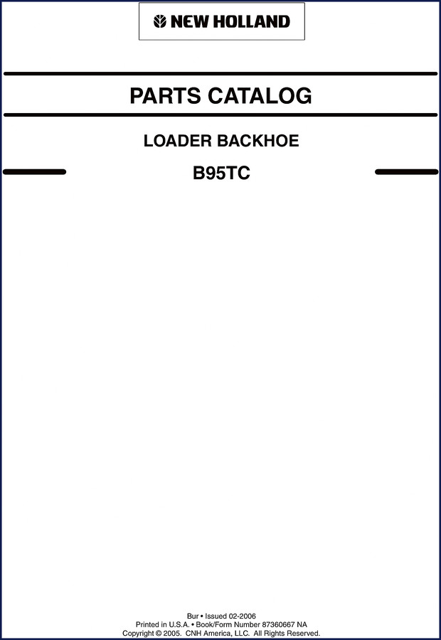 New Holland B95TC 2006 Parts Catalog cover page showing loader backhoe diagram and OEM branding