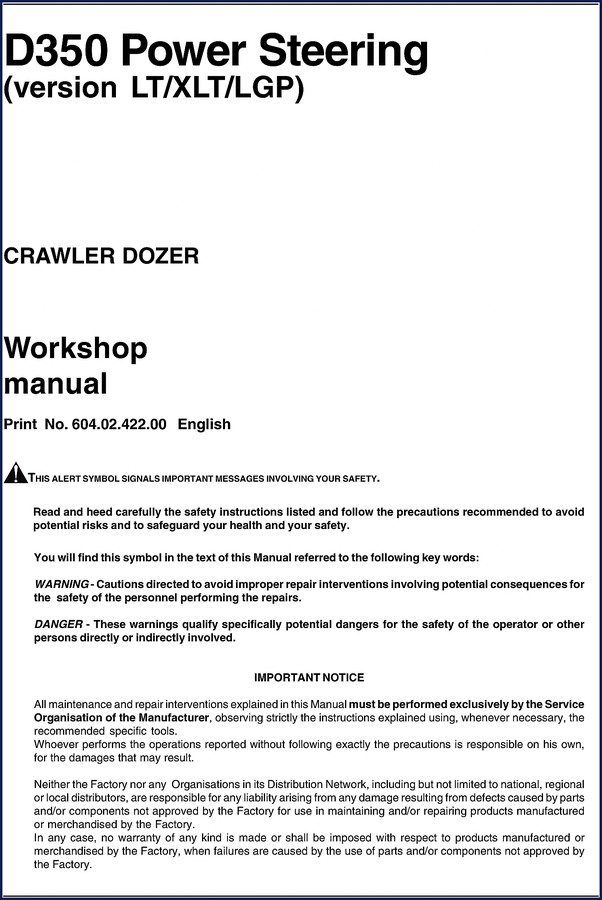 New Holland D350 crawler dozer workshop manual cover showing OEM factory specifications